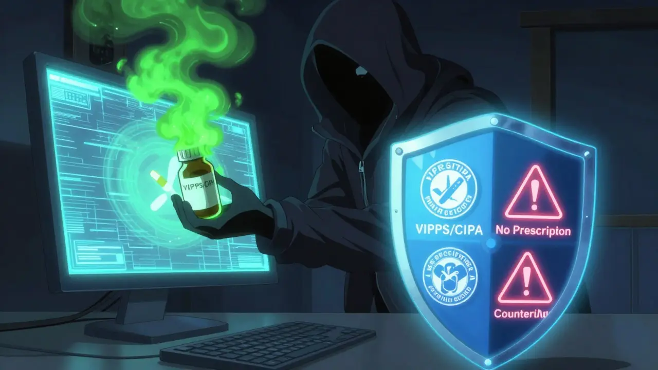 Shadowy figure offering fake meds blocked by verification shield