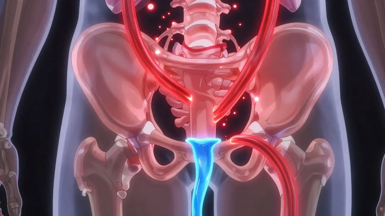 Stylized diagram of prostate muscles squeezing urethra blocking flow