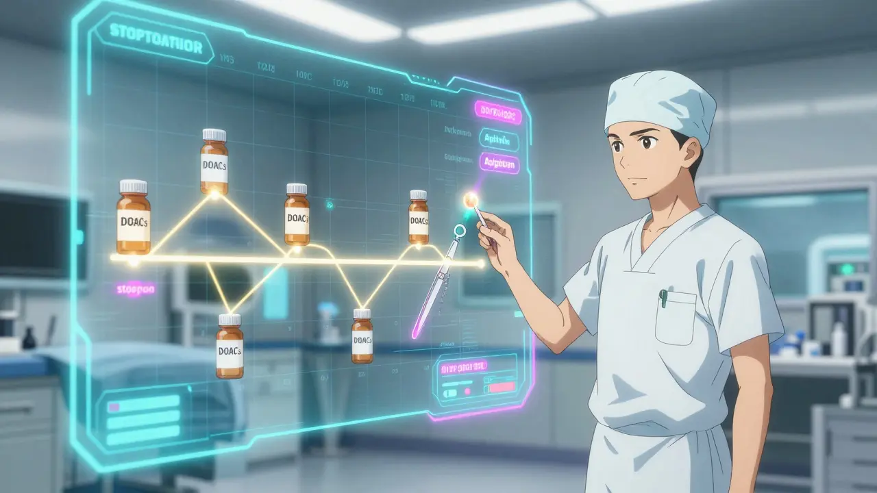 Stylized surgeon managing medication timelines on a holographic display.
