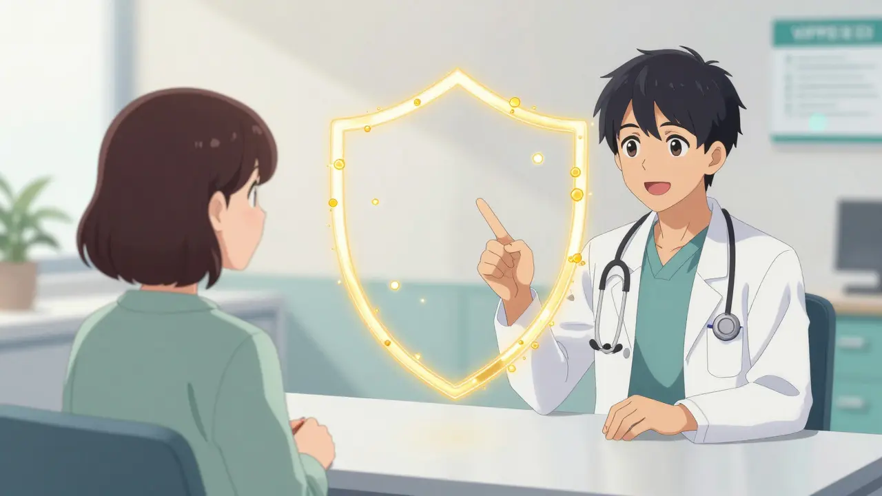 Telehealth consultation scene with secure data shield connecting patient and doctor