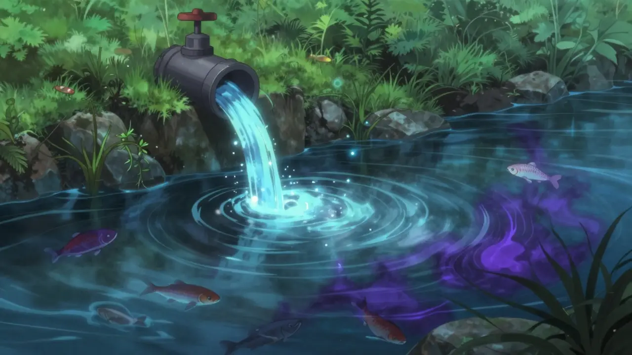 Toxic particles polluting a river, anime illustration