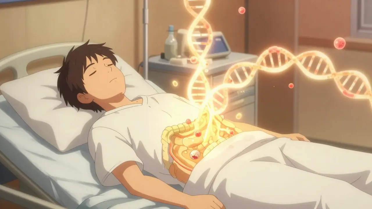 Anime illustration of a patient healing via microbiota transplant, surrounded by golden light.