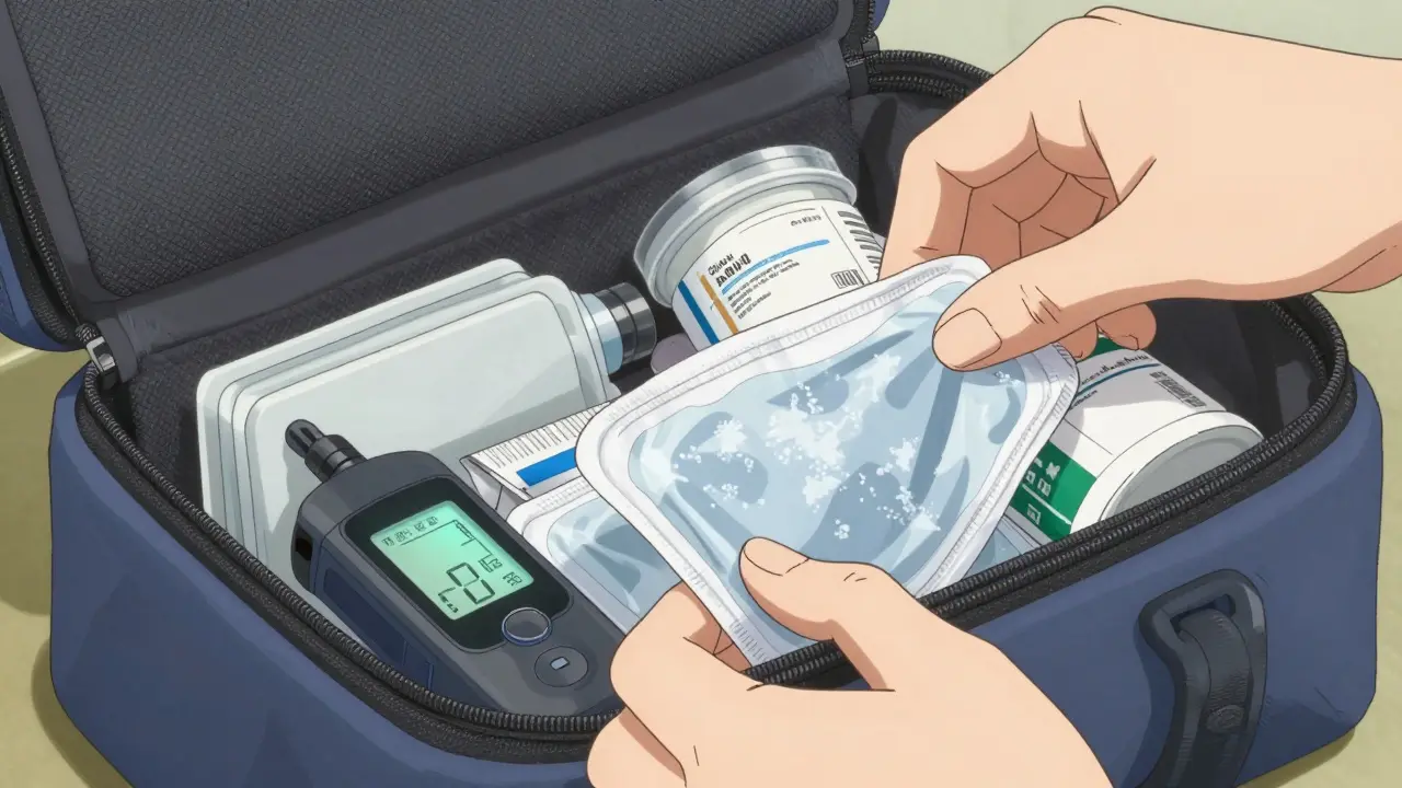 Close-up of packing insulin pump and meds in bag