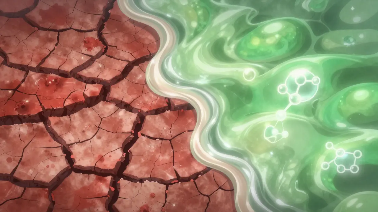 Conceptual anime art contrasting dry, cracked skin with smooth, hydrated skin healed by ceramide treatment.