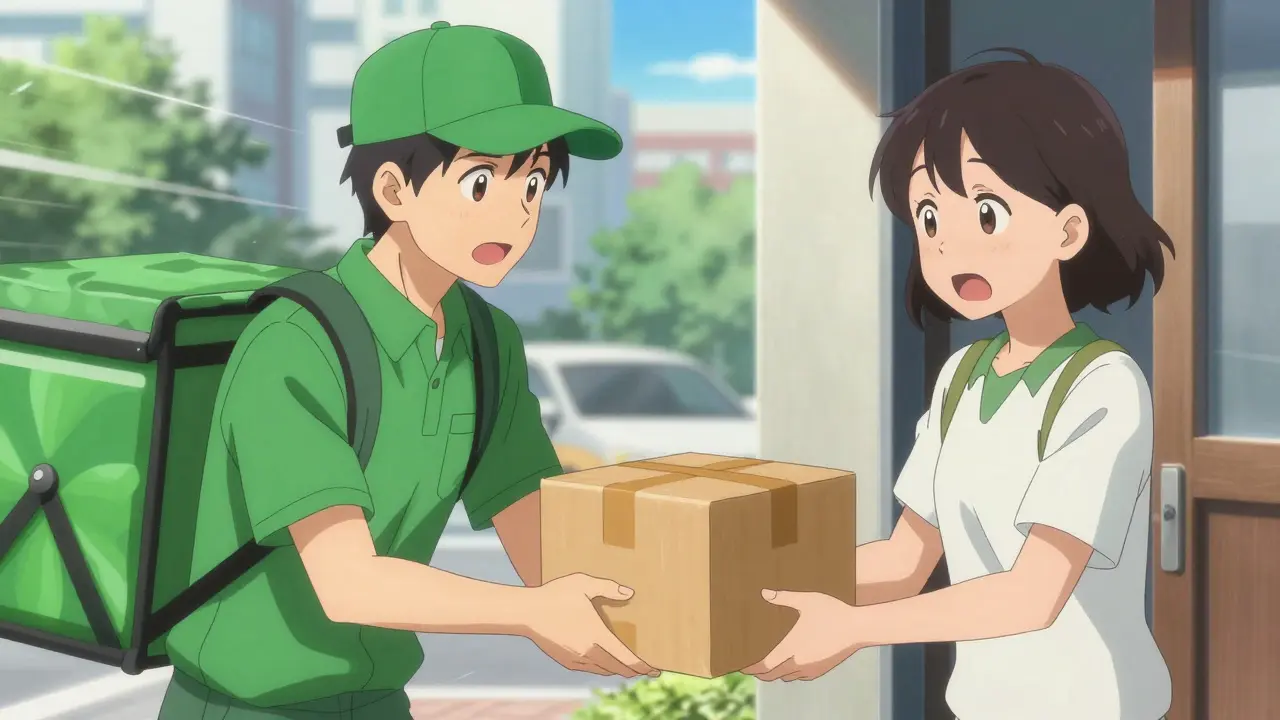 Courier delivering a pharmacy package to a happy customer