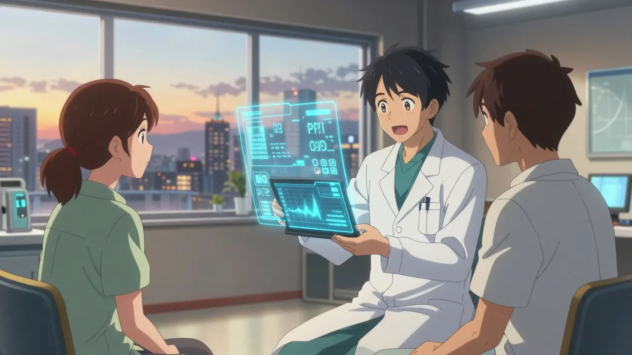 Doctor and patient reviewing health data in a clinic