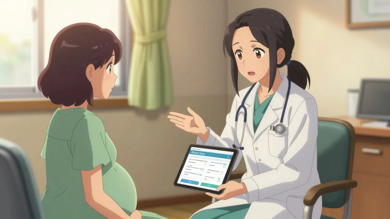Doctor reassuring pregnant patient about medication safety in clinic