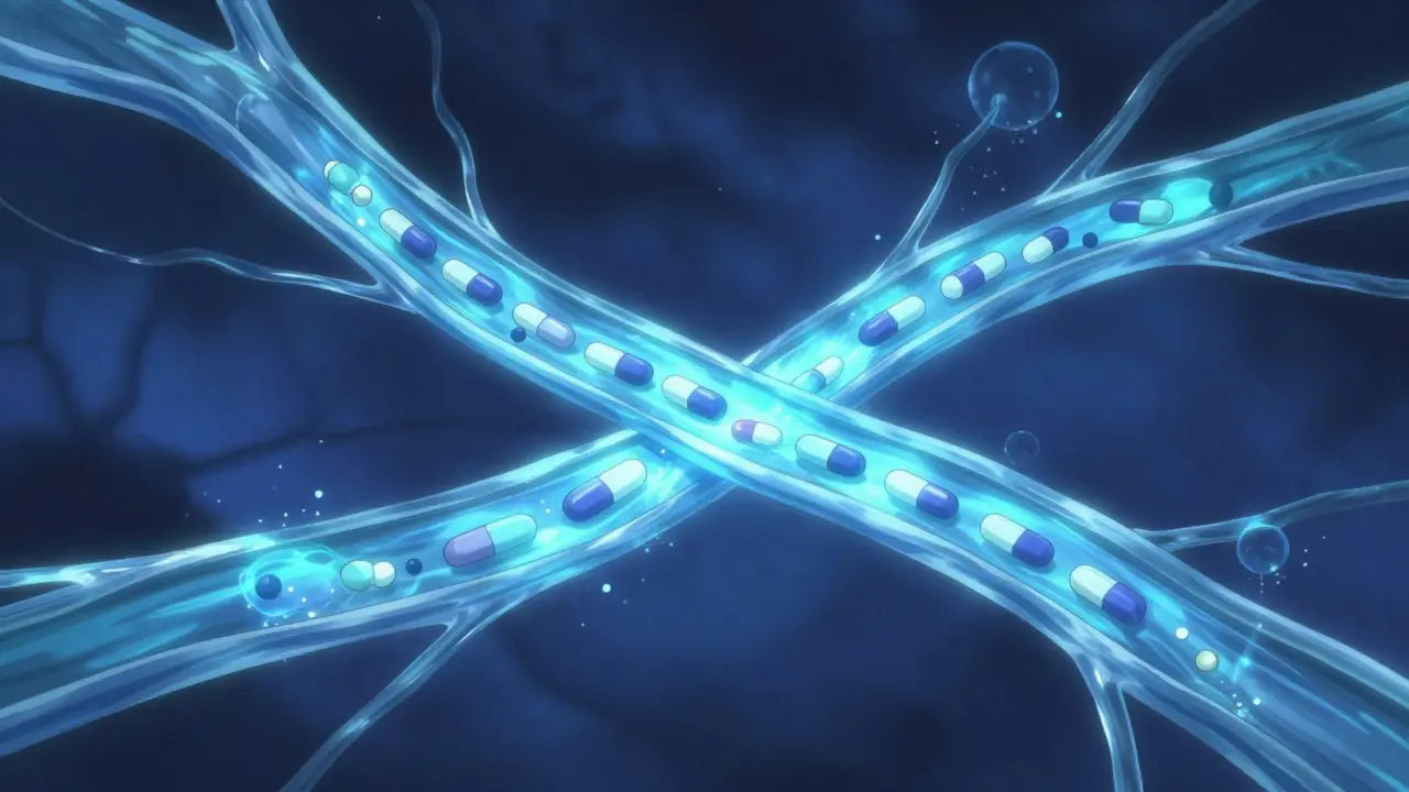 Glowing streams merging to show drug equivalence