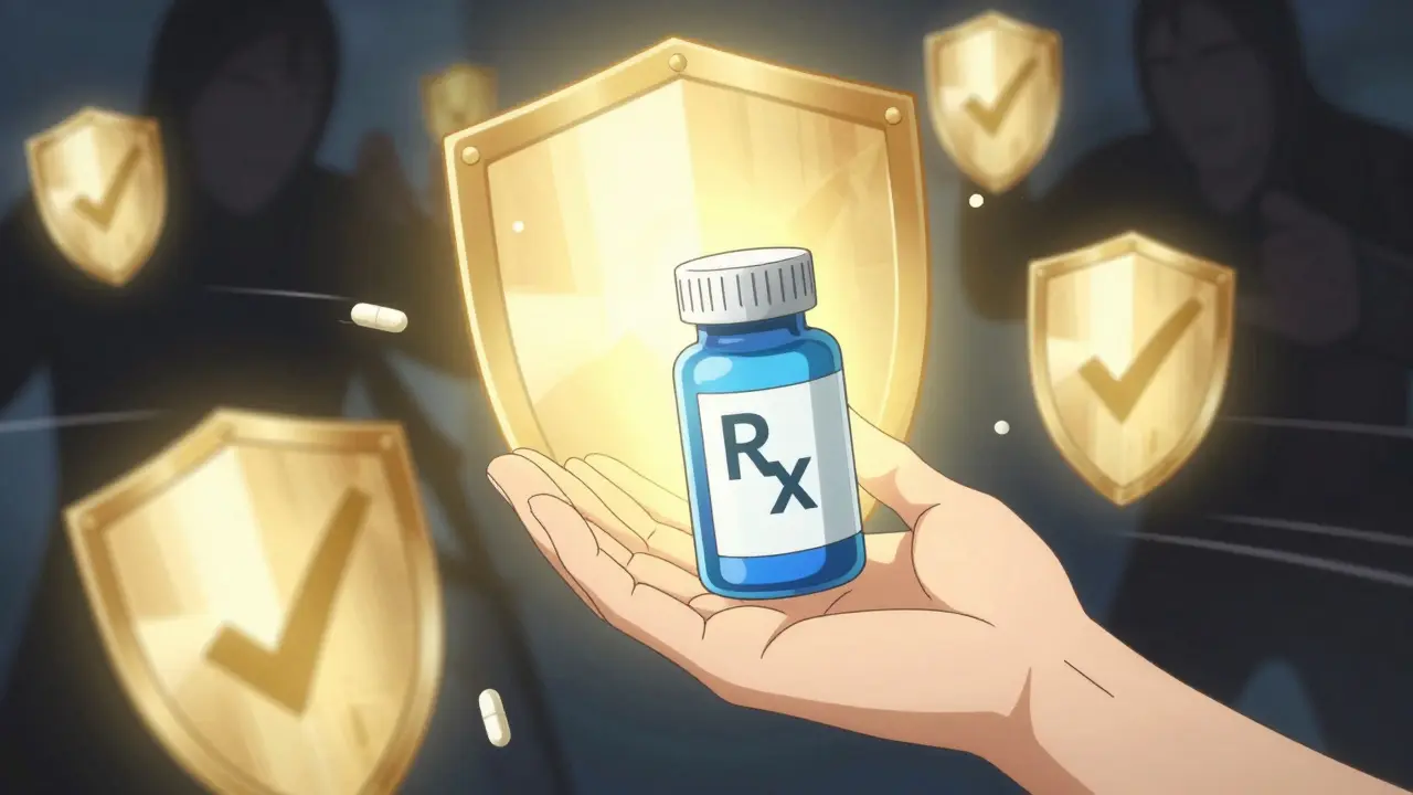 Hand holding safe prescription pill with protective shields