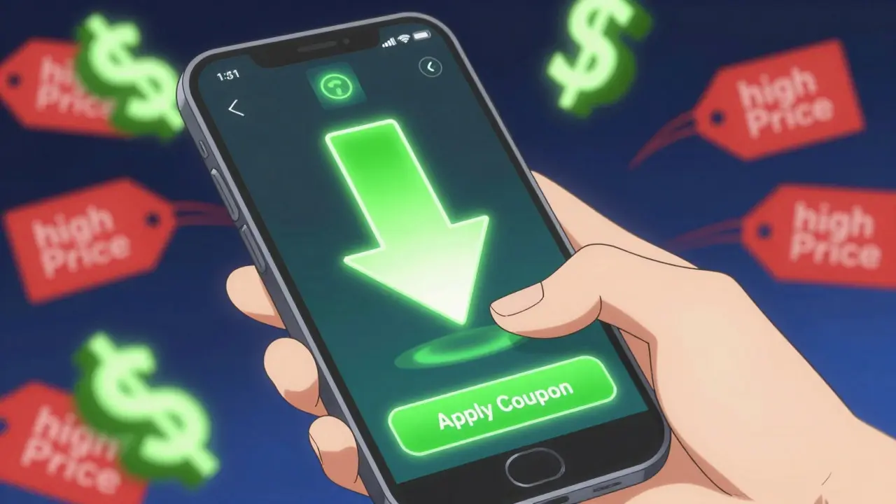 Hand using smartphone app to compare medication prices