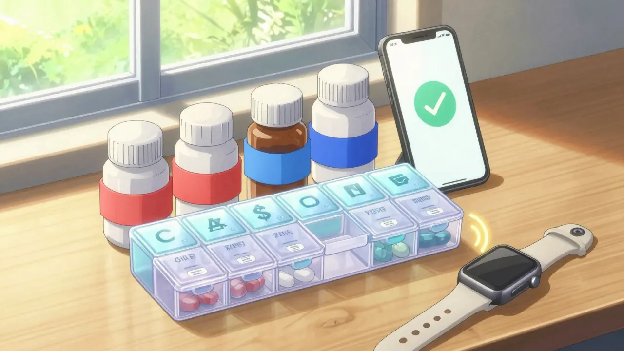 Organized meds with color codes and tech alerts