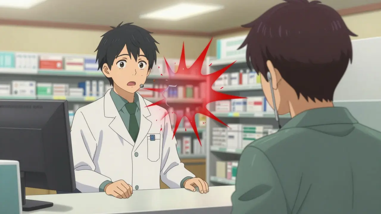 Patient struggling to hear pharmacist at counter