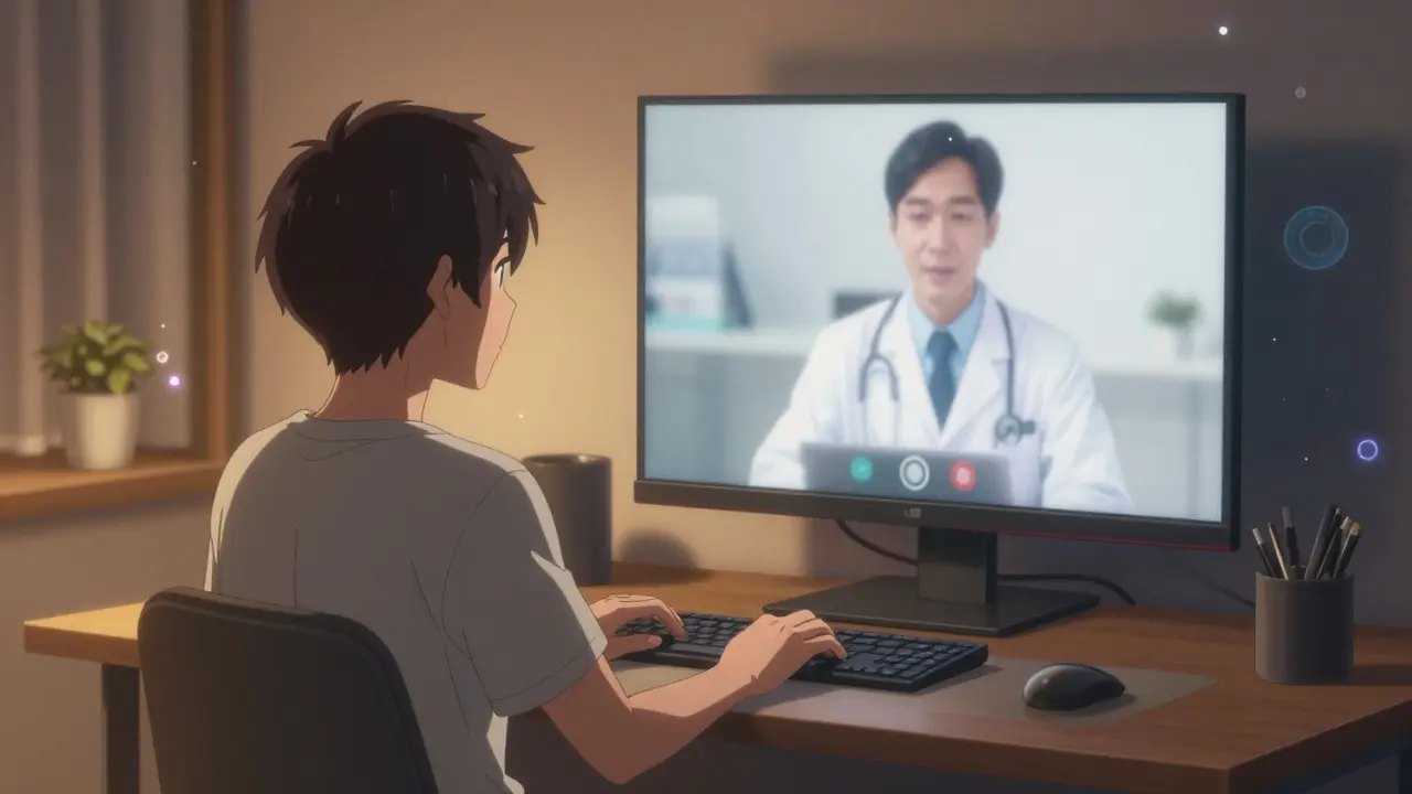 Person having a safe online doctor video consultation at home