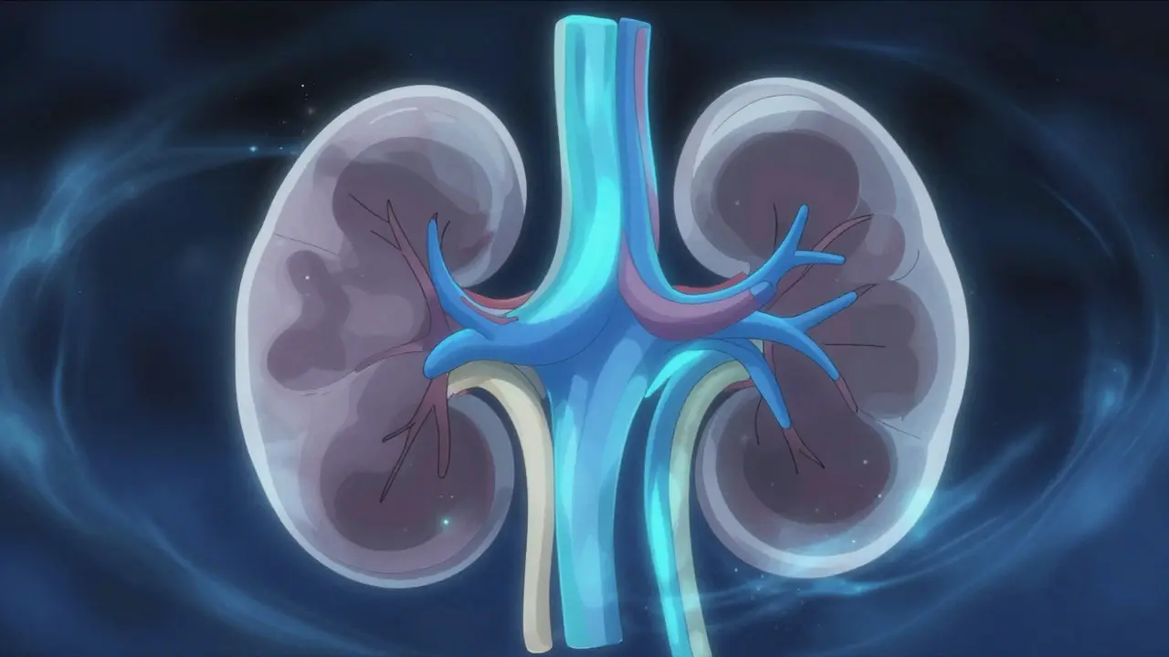 Stylized kidney illustration showing constricted blood flow