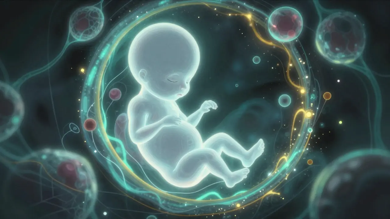 Symbolic anime art of glowing embryo forming during first trimester