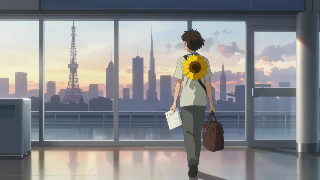 Traveler with sunflower lanyard at departure gate
