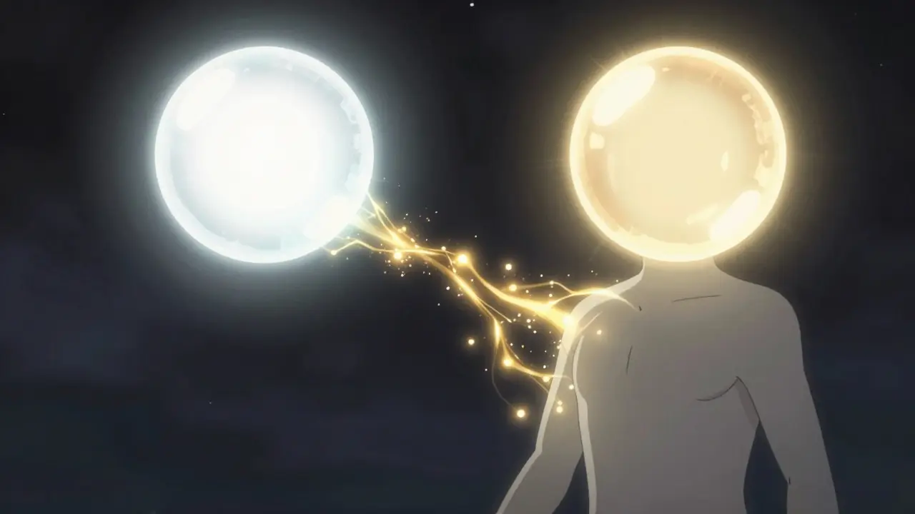 Two glowing orbs representing brand and generic drugs