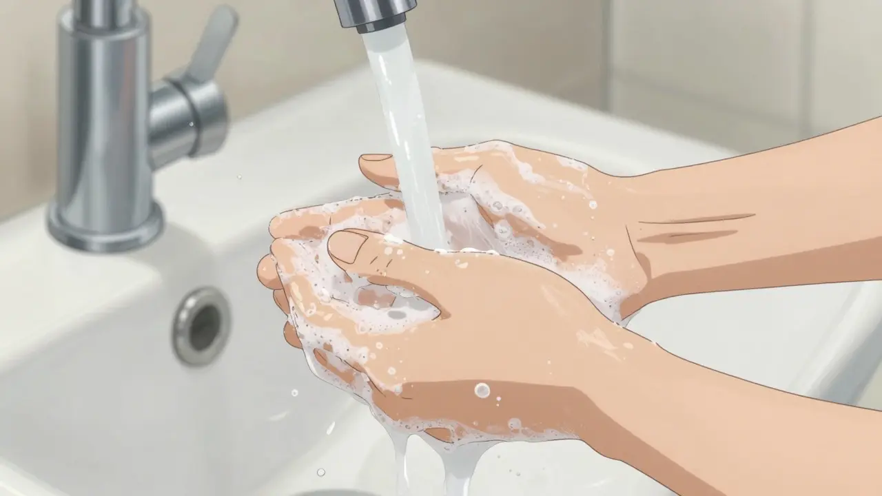 Ufotable-style animation frame of hands washing with soap and water to remove C. diff spores.
