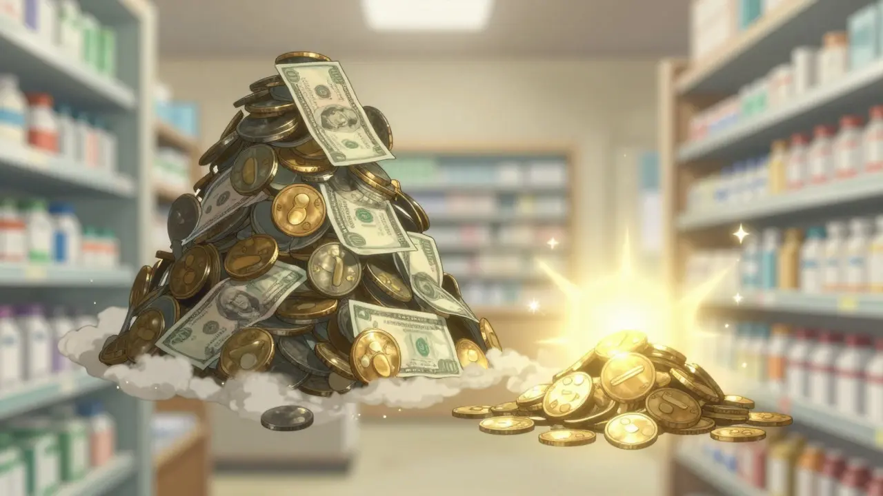 Visual metaphor comparing expensive brand vs cheap generic pills