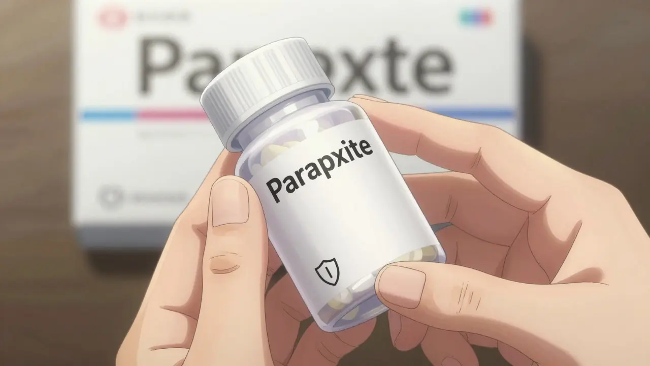 Anime close-up of hands holding a generic paroxetine pill bottle with a safe shipping box