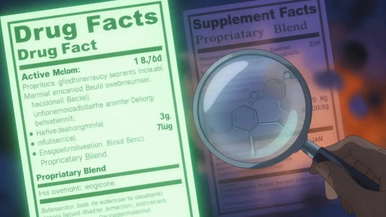 Anime comparison of clear drug labels versus hidden proprietary supplement blends