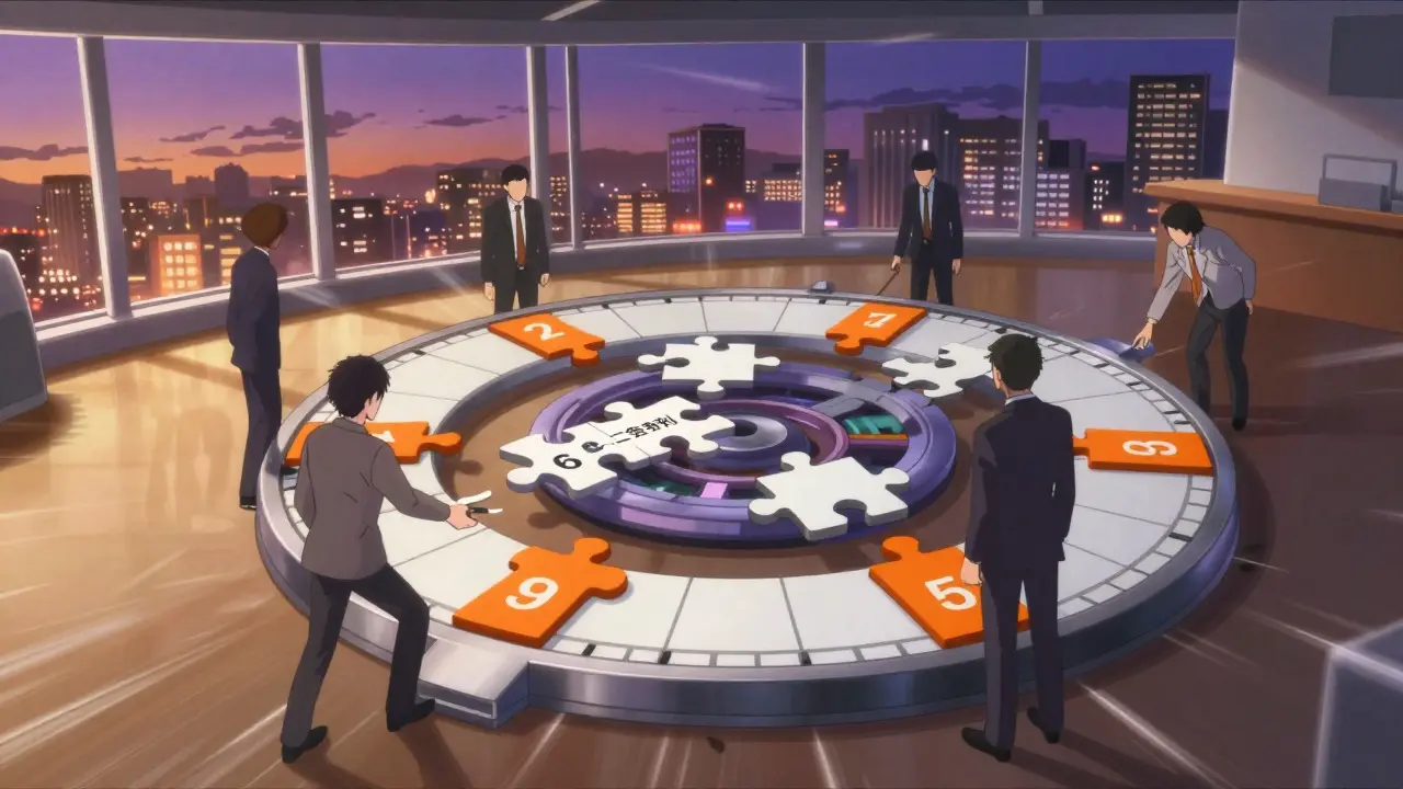 Anime depiction of a strategic timeline with puzzle pieces being placed in a corporate setting