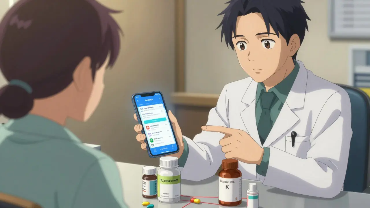 Anime patient consulting doctor with smartphone drug interaction checker app