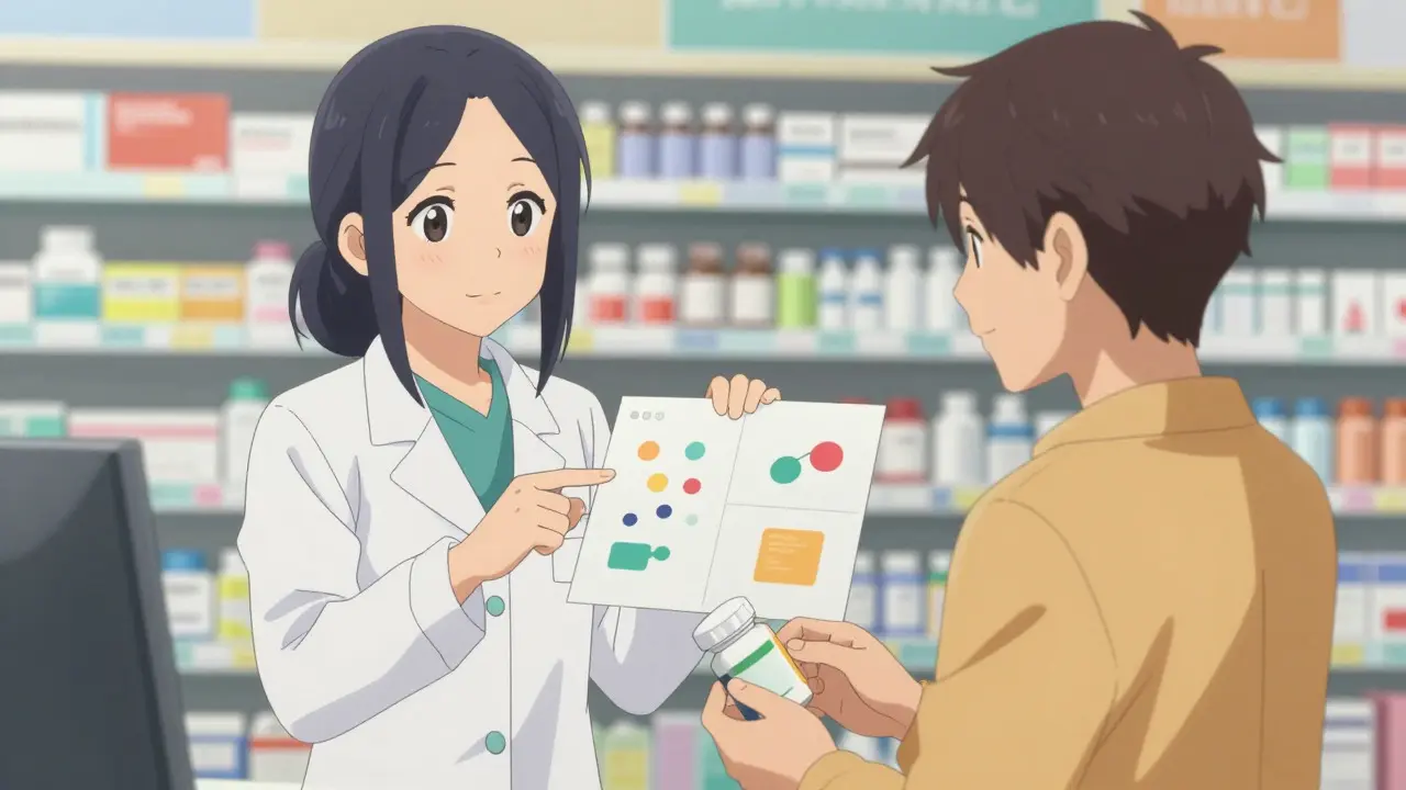 Anime scene of a pharmacist reassuring a patient about managing medication side effects