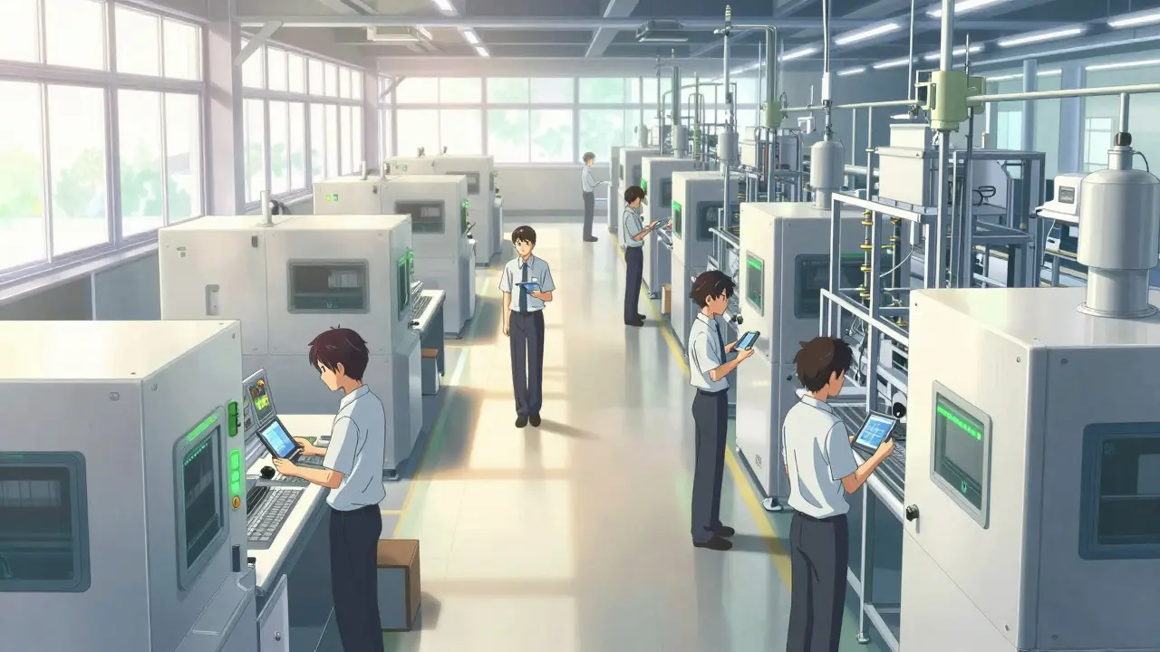 Bright, efficient factory floor with smooth operations and green lights