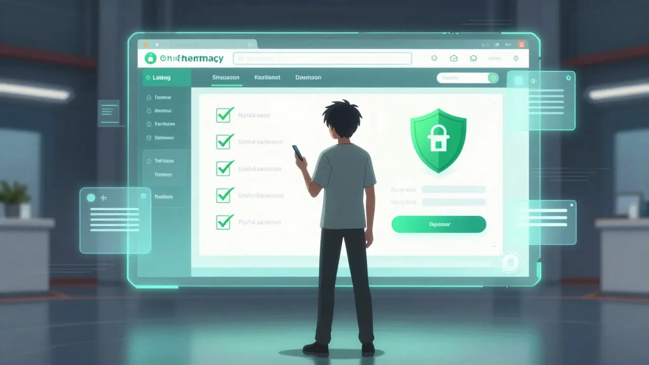 Character verifying a safe online pharmacy purchase with a holographic screen