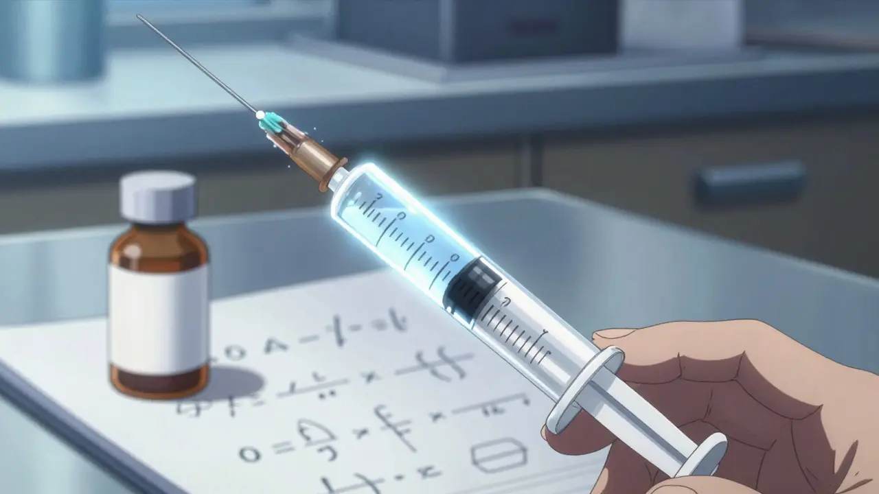 Close up of an oral syringe with glowing math symbols in background