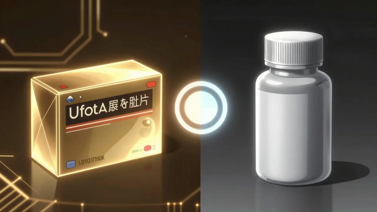 Comparison of brand-name and generic medicine bottles with abstract data visuals