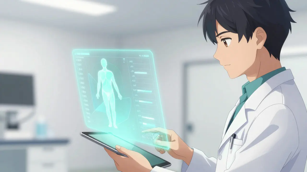 Doctor reviewing holographic dosing data on a tablet in a clinic