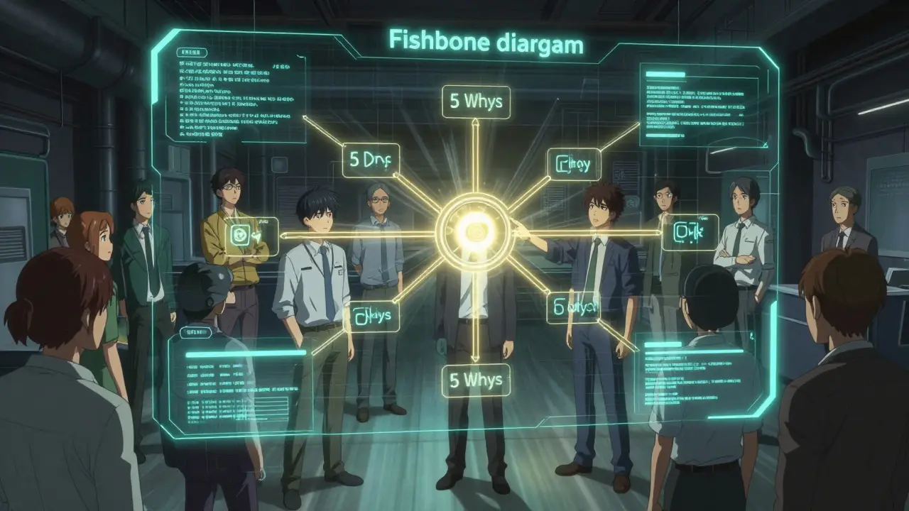 Engineers analyze a glowing holographic fishbone diagram for root causes