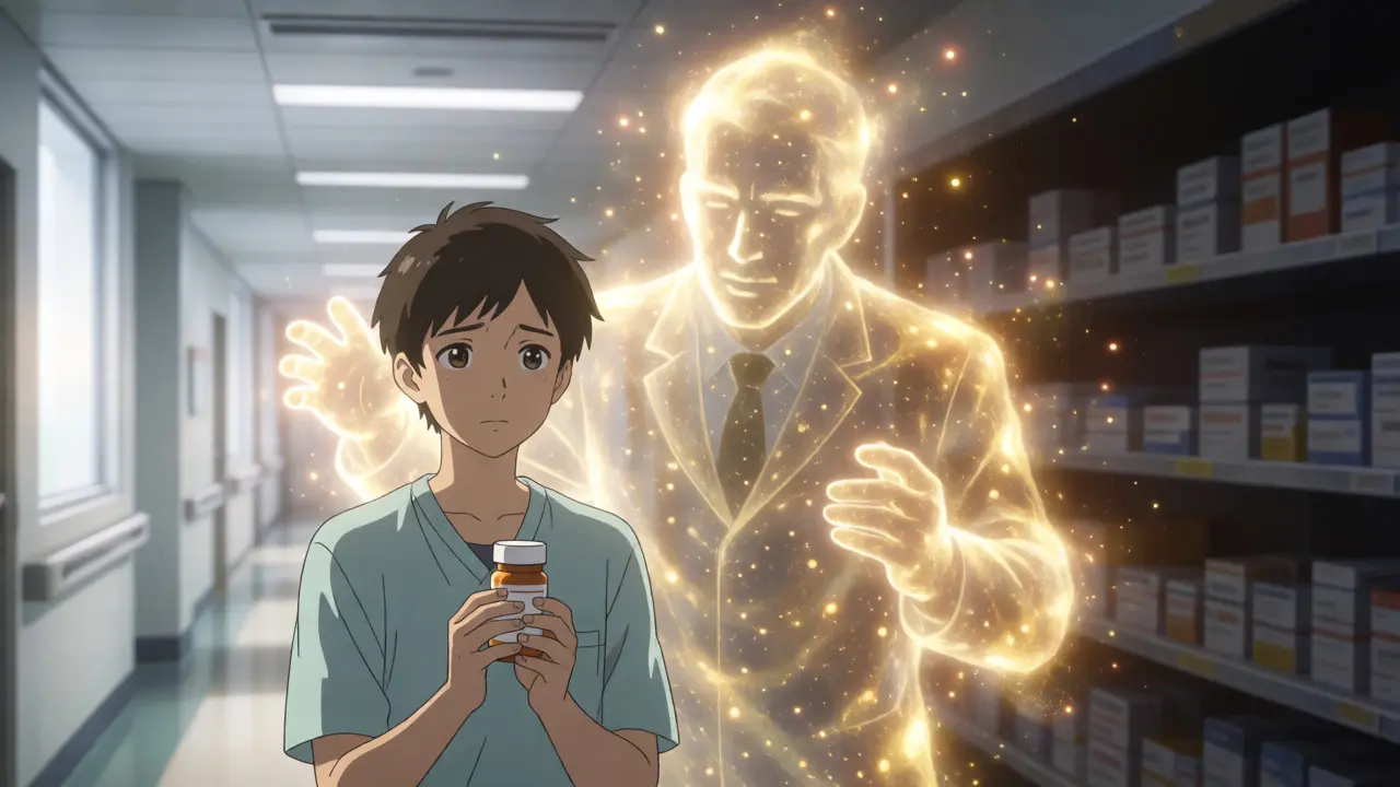 Patient holding medicine with a protective spectral regulator figure behind them.