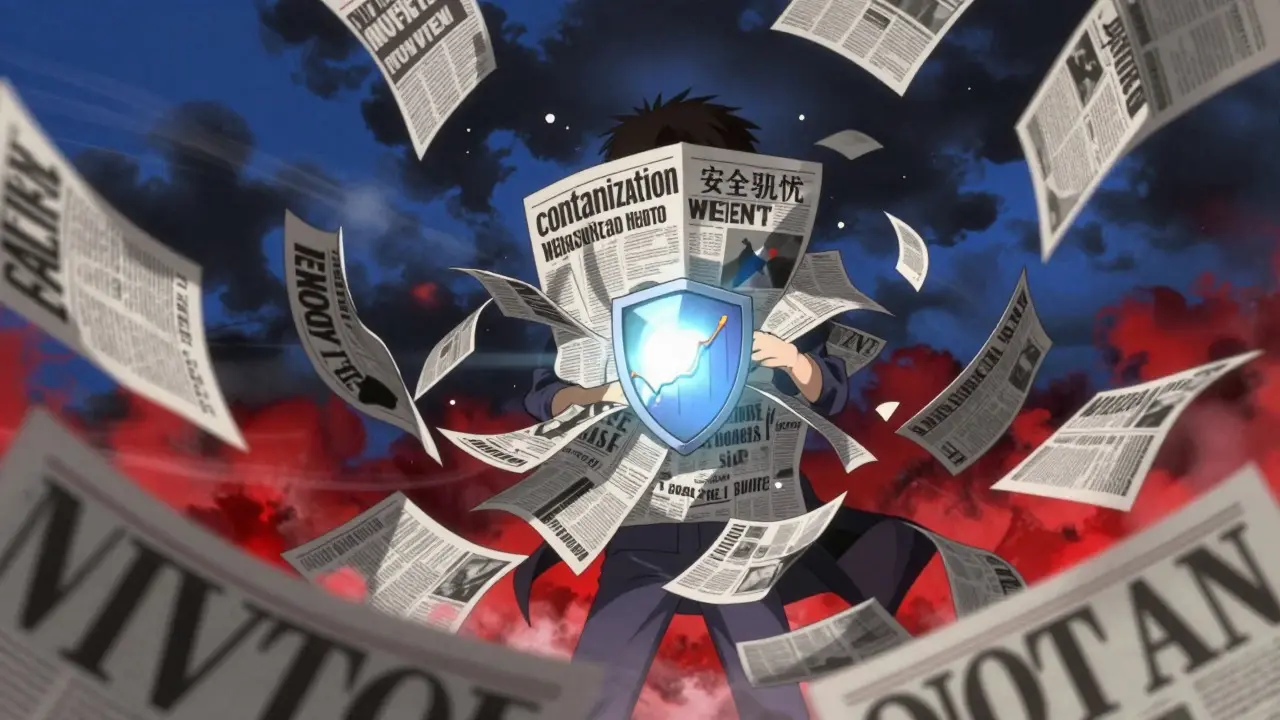 Person overwhelmed by swirling news headlines about drug safety fears.