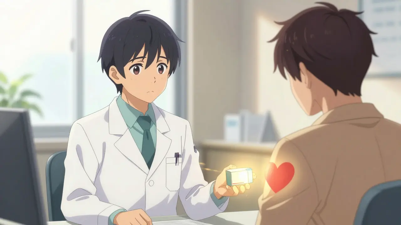 Pharmacist reassuring a patient with a warm gesture about generic meds.