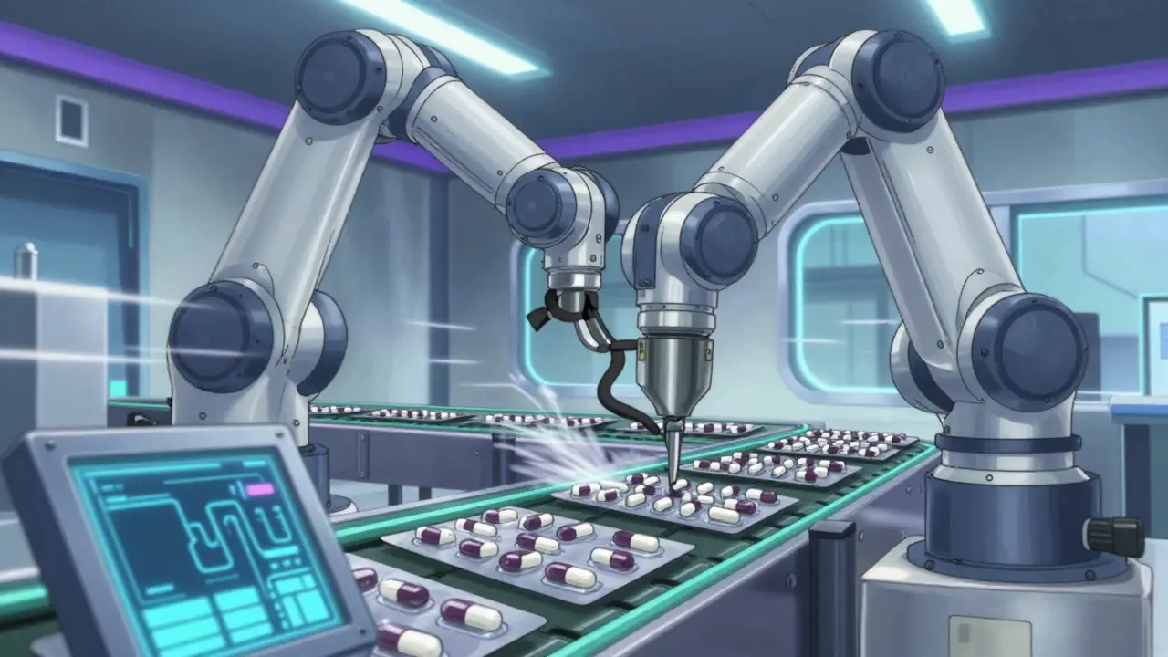 Robotic arm packaging medicine capsules in a factory