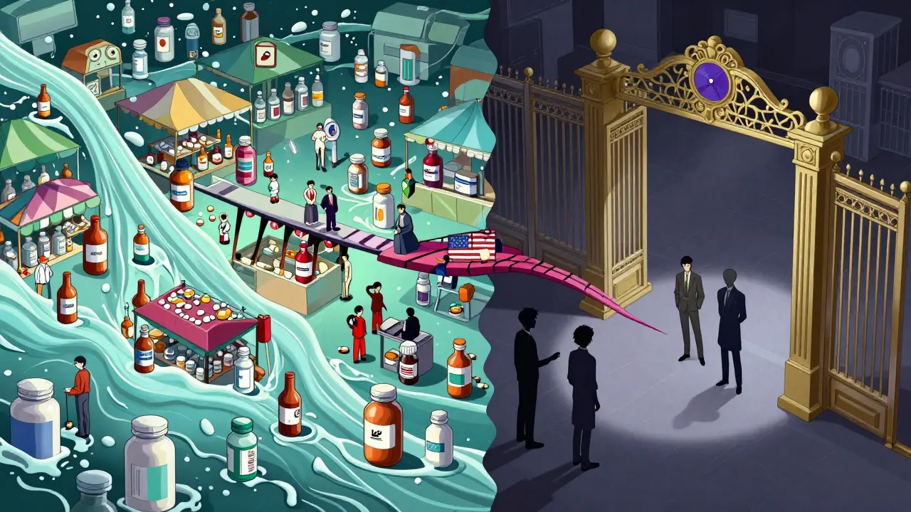 Split-screen anime scene contrasting an open generic market with a guarded branded pharmaceutical zone