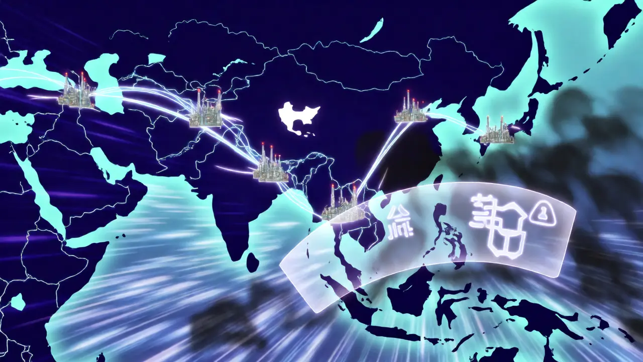Stylized map showing drug supply chains from Asia to the US with warning lights.