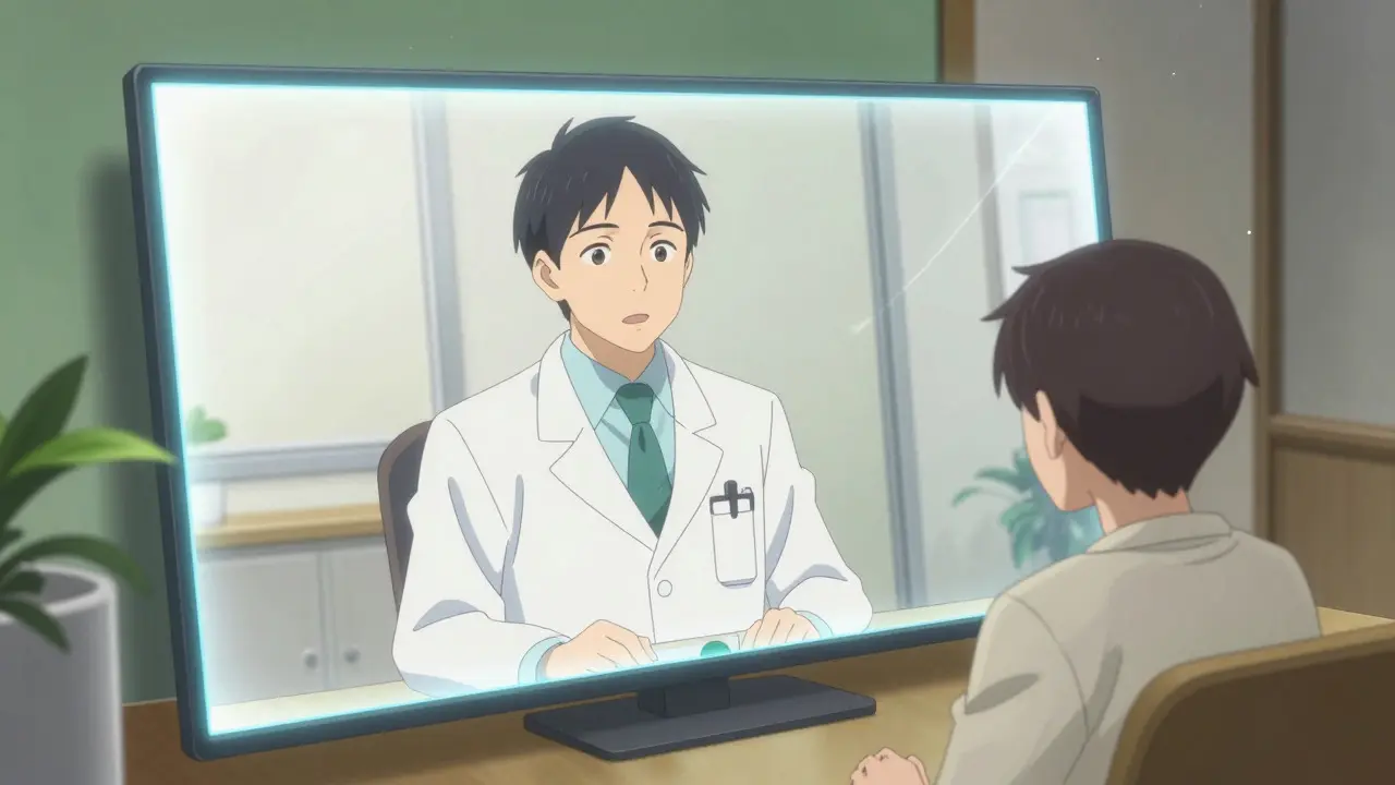 Ufotable style anime scene of a telehealth consultation between a doctor and patient