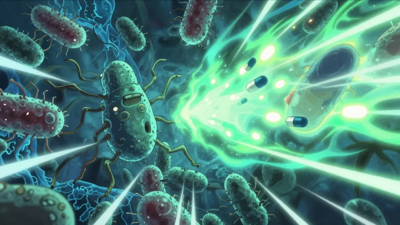 Ufotable-style depiction of antibiotic-resistant bacteria surviving incomplete treatment
