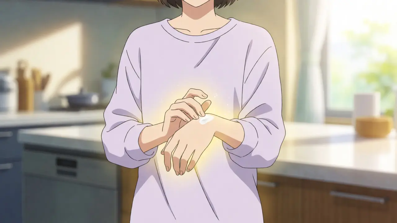 Anime character applying topical gel to their wrist with a golden glow indicating pain relief.