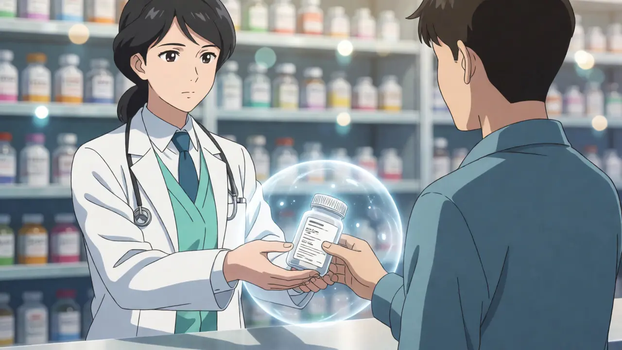 Pharmacist handing prescription to patient with protective energy shield