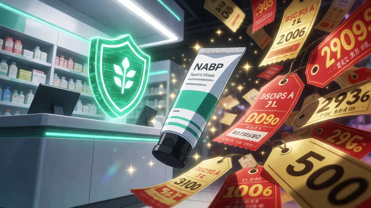 Stylized anime scene showing a verified pharmacy shield next to floating discount coupons and a gel tube.